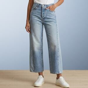 Madewell High-Rise Pieced Barrel-Leg Paneled Jeans in Tonal Blue Wash Size 24